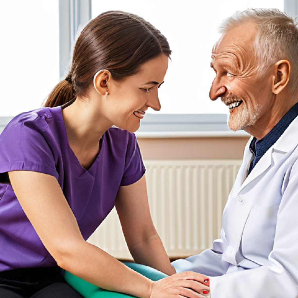 **

A Polish occupational therapist working with a senior patient after a hip fracture. The therapist is empathetic and supportive, actively listening to the patient's concerns. They are in a bright, comfortable rehabilitation setting, with simple exercises being performed. Focus on the human connection and the patient regaining joy and self-belief.

**