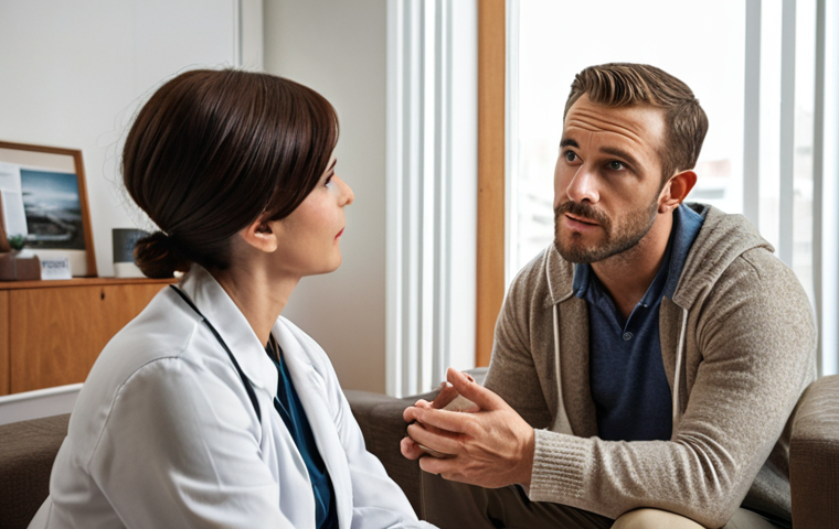 ** A therapist actively listening to a patient. The therapist is leaning forward, maintaining eye contact. The patient looks comfortable and engaged in the conversation. The setting is a cozy, well-lit office. The scene emphasizes empathy and understanding.
**