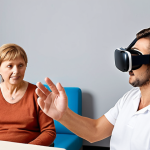 **Rehabilitation Game Session:** A patient enthusiastically playing a virtual reality game designed to improve motor skills after a stroke, with a therapist observing and providing guidance in a modern rehabilitation center setting.