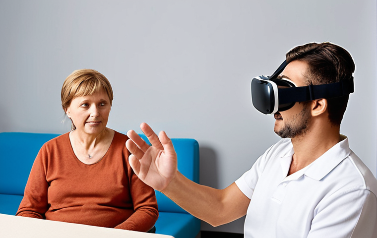**Rehabilitation Game Session:** A patient enthusiastically playing a virtual reality game designed to improve motor skills after a stroke, with a therapist observing and providing guidance in a modern rehabilitation center setting.
