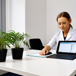 A modern, well-lit occupational therapy clinic in Poland. A calm and focused Polish occupational therapist, dressed professionally, is efficiently managing patient appointments and documentation using digital tools. On a sleek tablet or laptop screen, a user-friendly electronic scheduling system is visible, along with organized patient records. The desk is clean, reflecting good time management, with a subtle element like a small plant for a touch of tranquility. The overall atmosphere is one of professional productivity and control.