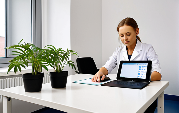 A modern, well-lit occupational therapy clinic in Poland. A calm and focused Polish occupational therapist, dressed professionally, is efficiently managing patient appointments and documentation using digital tools. On a sleek tablet or laptop screen, a user-friendly electronic scheduling system is visible, along with organized patient records. The desk is clean, reflecting good time management, with a subtle element like a small plant for a touch of tranquility. The overall atmosphere is one of professional productivity and control.