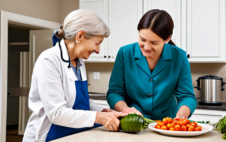 A compassionate female occupational therapist, fully clothed in professional, modest attire, gently assists an elderly female patient in an adapted, bright, and clean home kitchen. The patient, dressed in comfortable and appropriate clothing, is carefully using ergonomic tools to prepare vegetables, demonstrating a path to regained independence. The scene focuses on their collaborative effort and the patient's determination. The background shows subtle accessibility features. Professional photography, natural pose, perfect anatomy, correct proportions, well-formed hands, proper finger count, natural body proportions, safe for work, appropriate content, family-friendly.