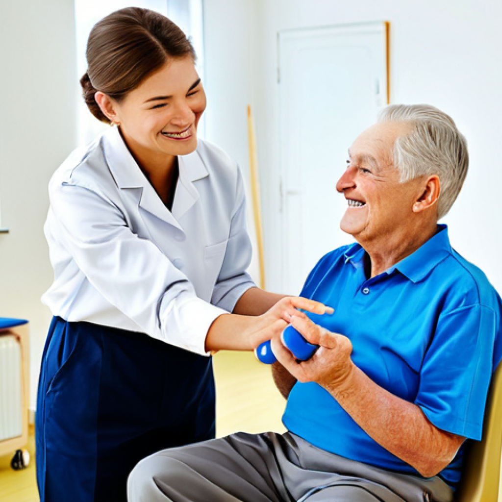 **
"An occupational therapist, fully clothed in professional attire, working with a senior man (Pan Jan) on hand exercises in a bright, modern rehabilitation center. The man is smiling slightly, focused on manipulating a therapy putty. Background includes various therapy tools and equipment. Safe for work, appropriate content, perfect anatomy, correct proportions, natural pose, well-formed hands, proper finger count, natural body proportions, professional, family-friendly."
**