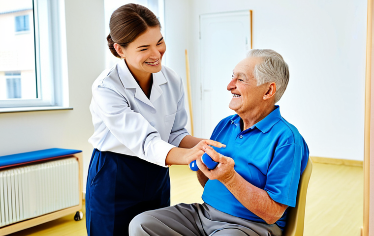 **
"An occupational therapist, fully clothed in professional attire, working with a senior man (Pan Jan) on hand exercises in a bright, modern rehabilitation center. The man is smiling slightly, focused on manipulating a therapy putty. Background includes various therapy tools and equipment. Safe for work, appropriate content, perfect anatomy, correct proportions, natural pose, well-formed hands, proper finger count, natural body proportions, professional, family-friendly."
**