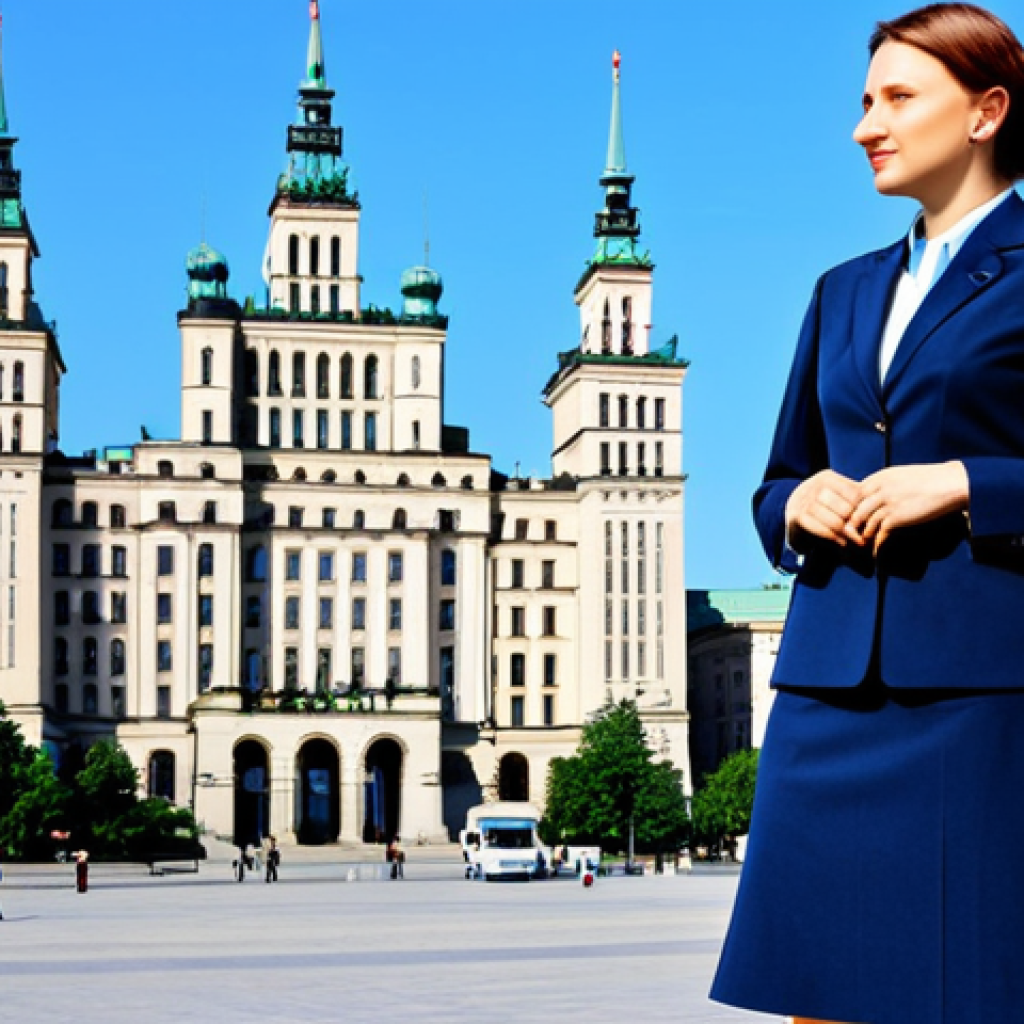 작업치료사의 팀 내 의사소통 기술 - Business in Warsaw**
"A professional businesswoman in a modest, dark blue business suit, standing i...