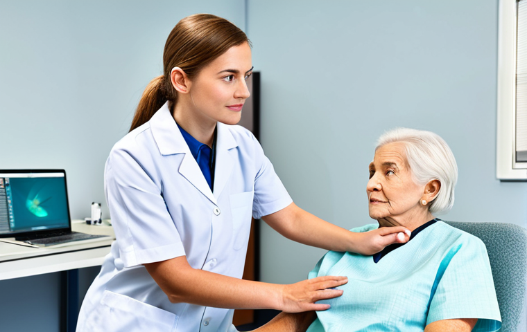 작업치료사의 환자 권리 보호 사례 - A compassionate occupational therapist, fully clothed in professional attire, attentively listening ...