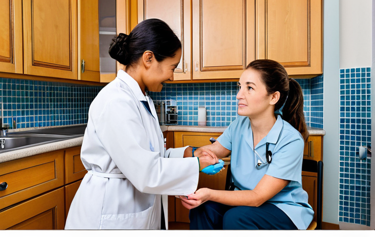 작업치료사의 환자 권리 보호 사례 - A compassionate occupational therapist, fully clothed in professional attire, attentively listening ...