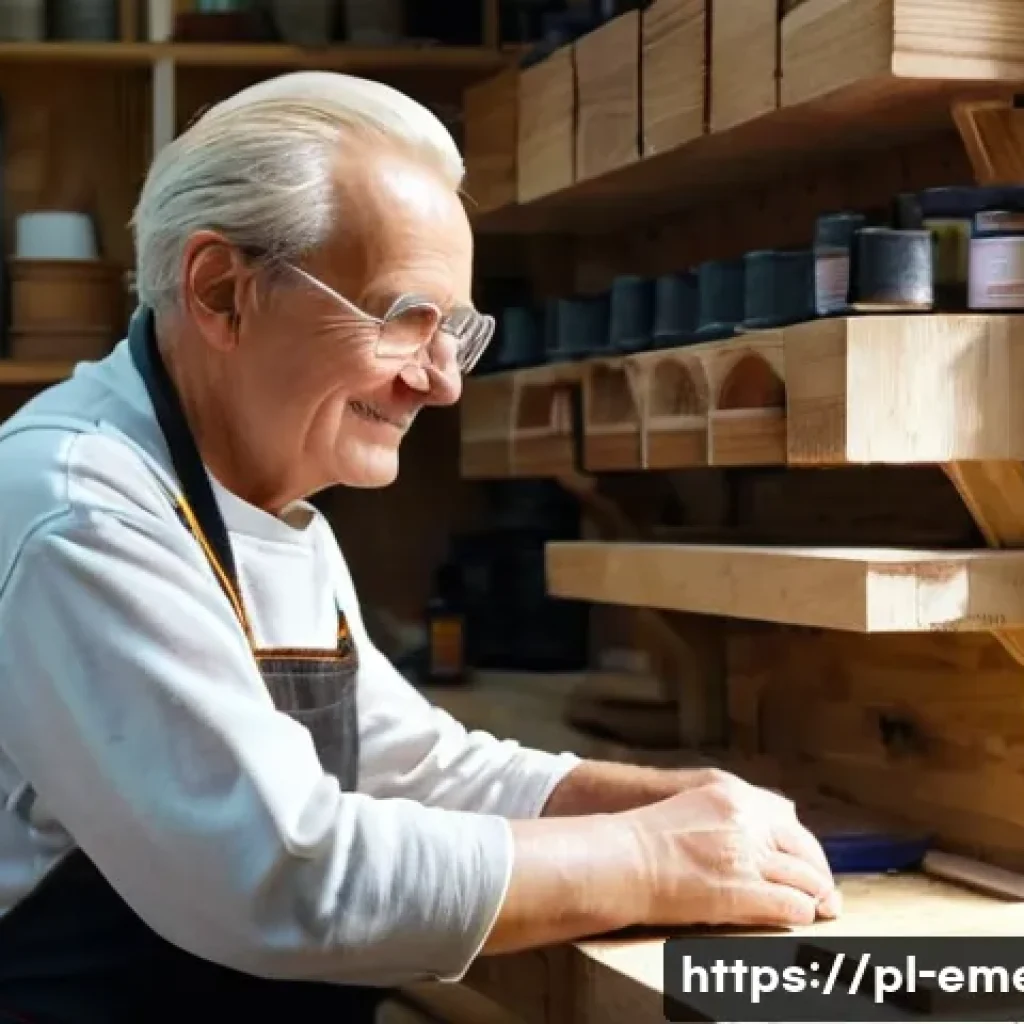 작업치료사의 환자 동기 유도 사례 - **Image of a senior Polish man in a woodworking shop, mid-rehabilitation.**: "A realistic photograph...