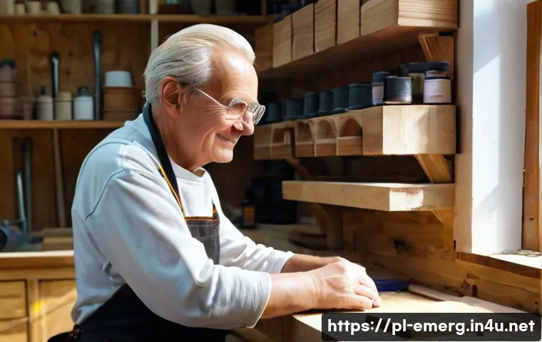 작업치료사의 환자 동기 유도 사례 - **Image of a senior Polish man in a woodworking shop, mid-rehabilitation.**: "A realistic photograph...