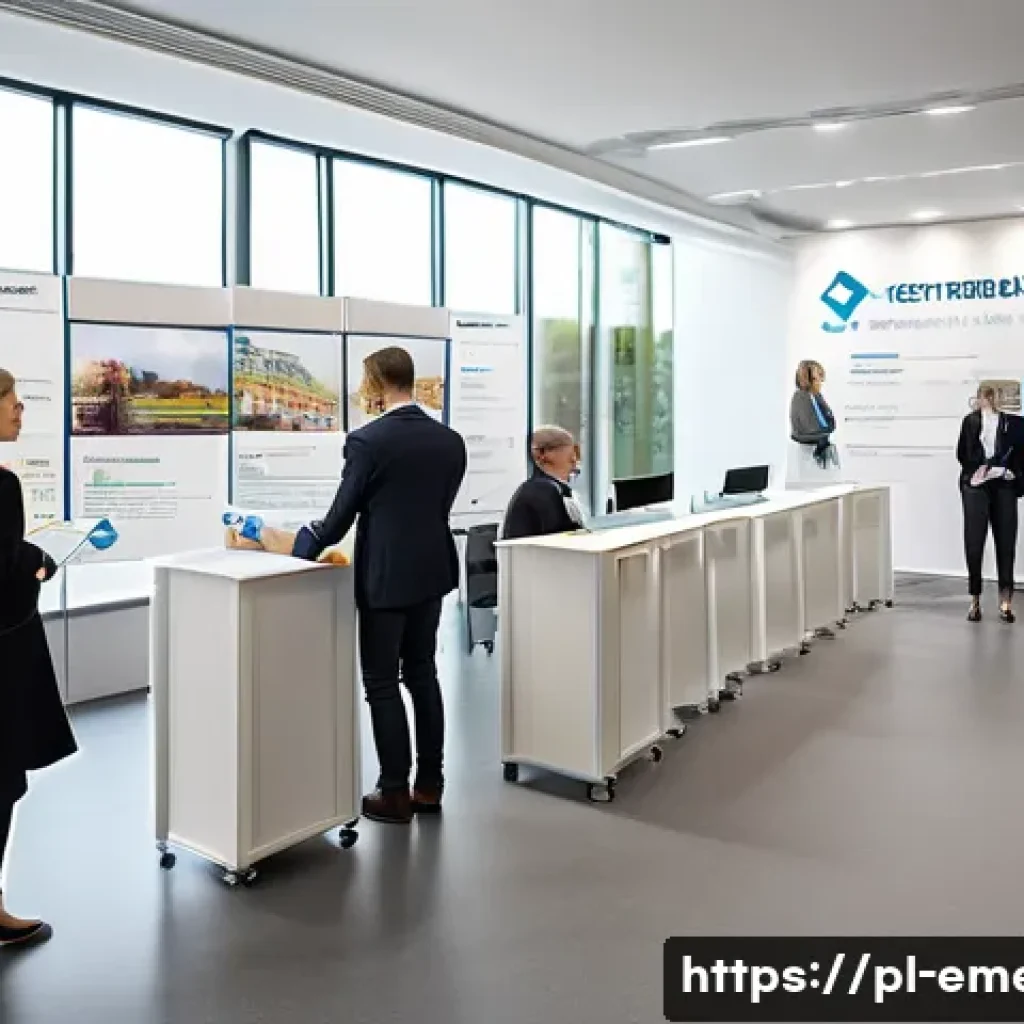 작업치료사의 취업 박람회 활용법 - A professional job fair scene set in a modern conference hall in Warsaw, Poland, focused on occupati...