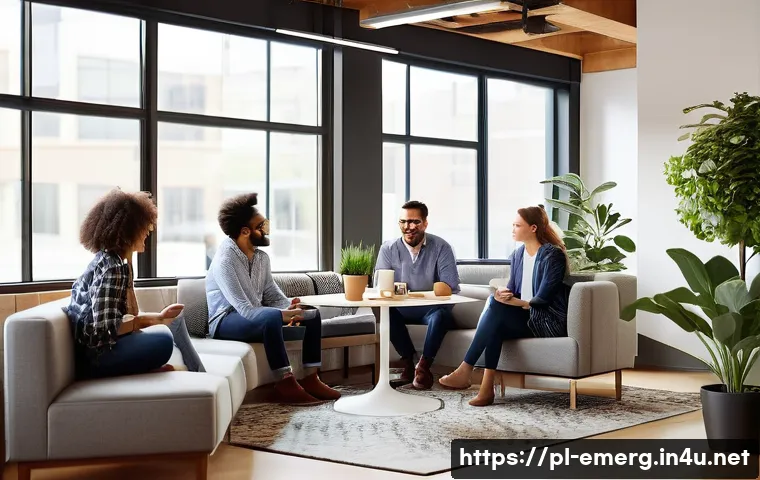 작업치료사의 이직 후 적응기 - A warm and welcoming office break room scene featuring a diverse group of professional adults engagi...