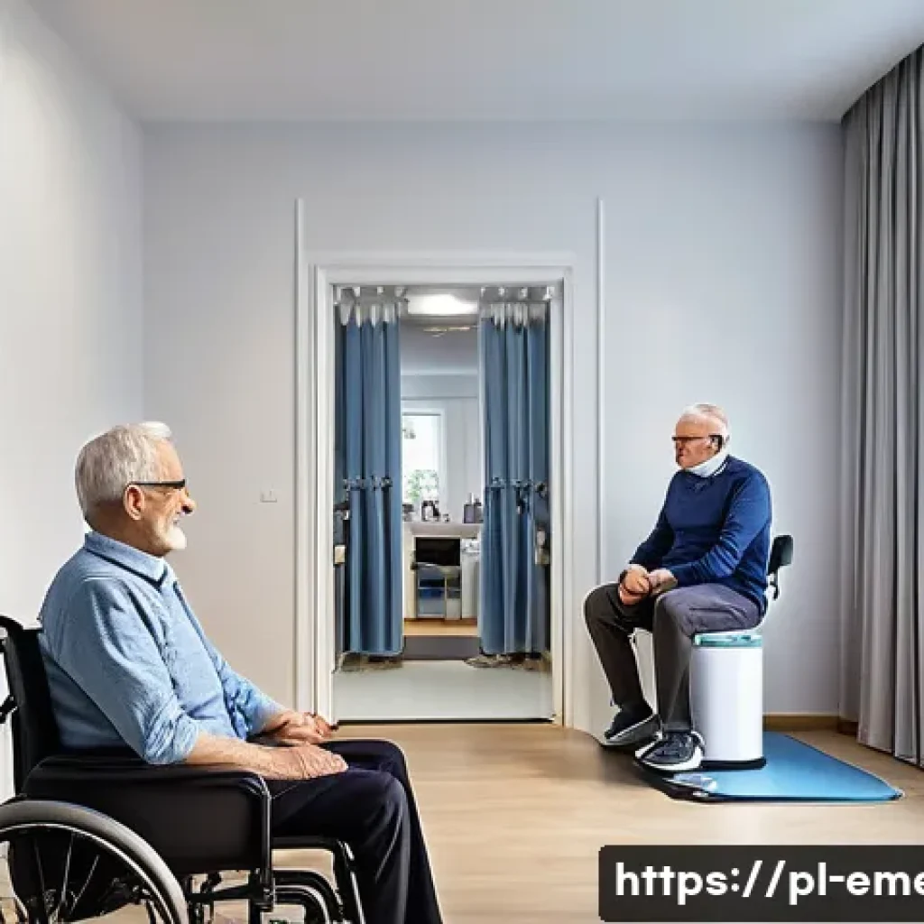 작업치료사의 환자 맞춤형 치료 계획 - A modern rehabilitation therapy room in Poland, bright and welcoming with natural light, featuring a...
