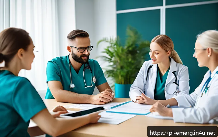 작업치료사의 팀 내 협업 사례 - A modern multidisciplinary medical team in a bright, well-equipped hospital conference room, activel...
