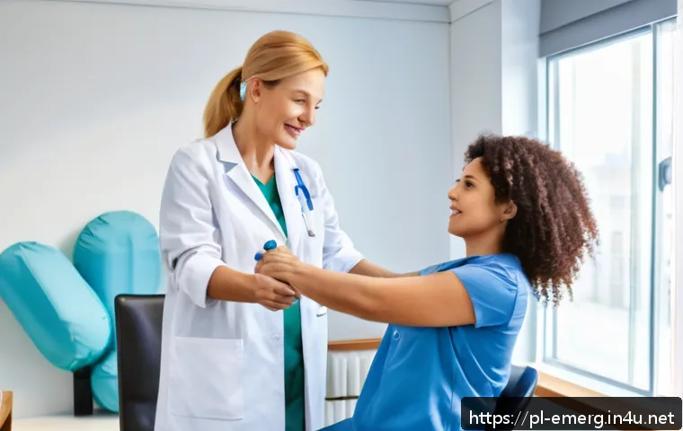 작업치료사의 자격증 시험 후 경험 - A professional occupational therapist in a modern rehabilitation center, wearing smart casual clothi...
