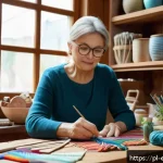 Home 21 작업치료사와 심리적 접근법 - A cozy, well-lit interior scene showing a middle-aged Polish woman engaging in creative handicraft a...