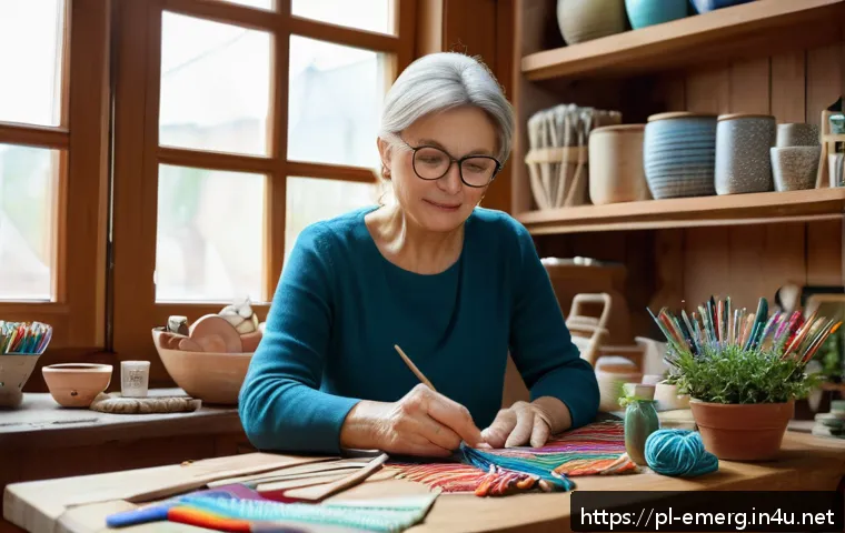 작업치료사와 심리적 접근법 - A cozy, well-lit interior scene showing a middle-aged Polish woman engaging in creative handicraft a...