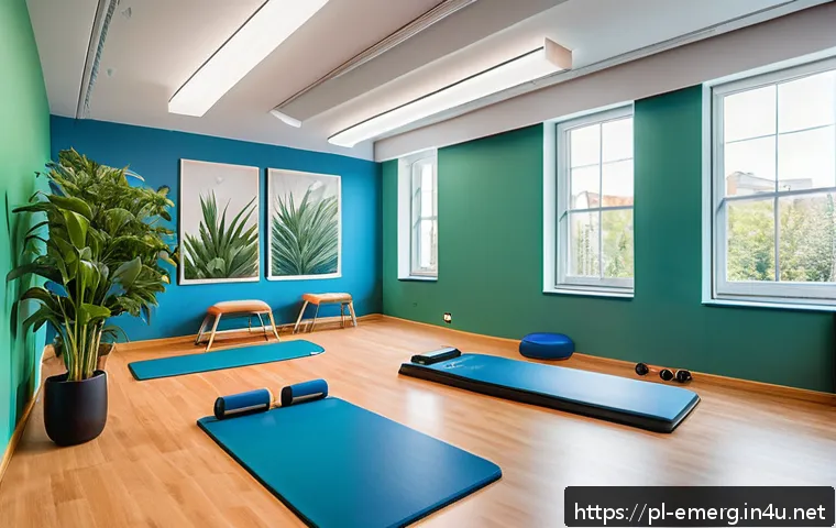 작업치료사의 치료 공간 디자인 - A modern rehabilitation clinic interior with clearly defined therapy zones: strength training area w...