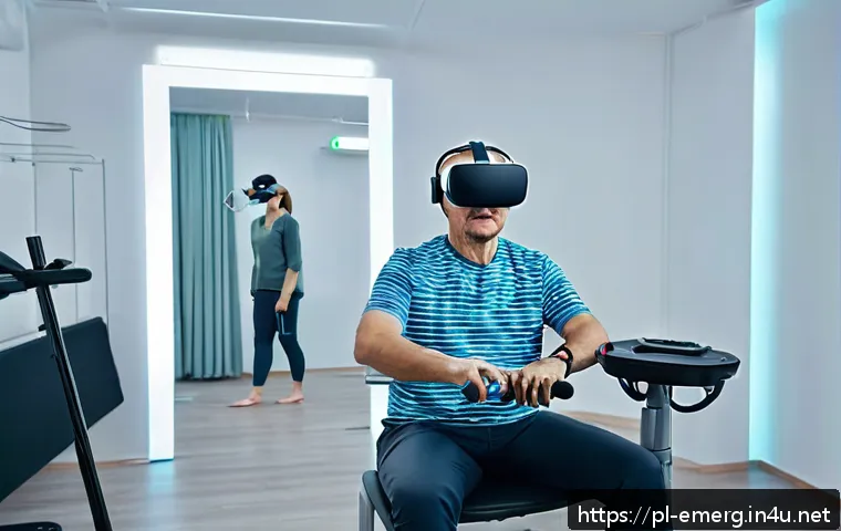 작업치료사와 신경 재활 치료 - A modern rehabilitation therapy room in Poland, featuring a middle-aged patient wearing comfortable,...