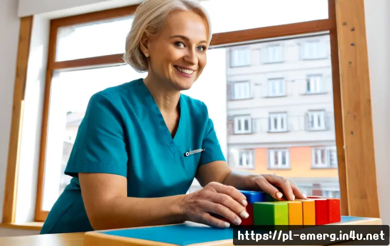 작업치료사의 성공 스토리 - Photorealistic occupational therapist in a bright modern rehabilitation clinic in Poland, warmly hel...