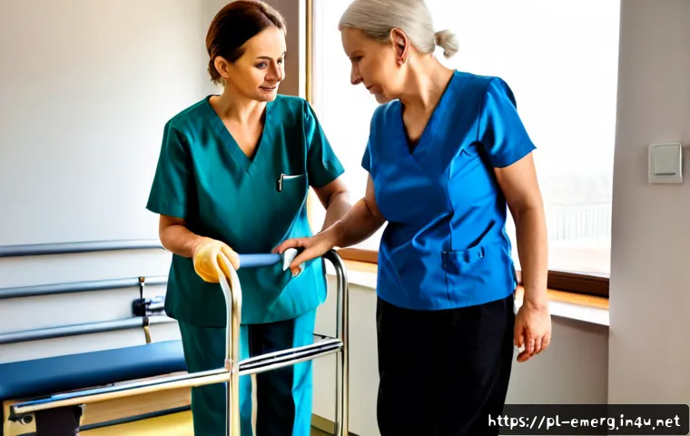 Home 17 작업치료사의 환자 안전 문화 구축 - Photorealistic occupational therapist in a modern Polish rehabilitation clinic carefully assisting a...