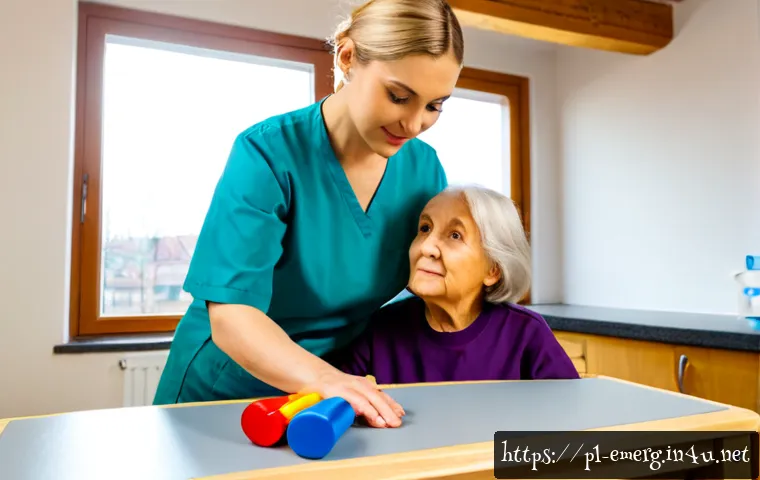 작업치료사의 치료 기술 발전 - Photorealistic occupational therapist in a modern Polish rehabilitation clinic guiding an older adul...